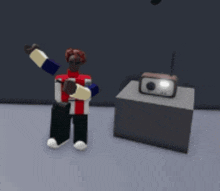 a cartoon character is standing next to a radio with a music note above it