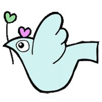 a cartoon drawing of a bird with two hearts on its head