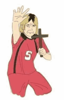 a cartoon of a man holding a cross and waving .