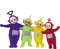 a group of four teletubbies are standing next to each other .