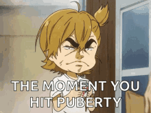 a cartoon of a boy with the words the moment you hit puberty