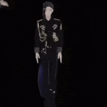 a person in a black and blue costume is standing in the dark .