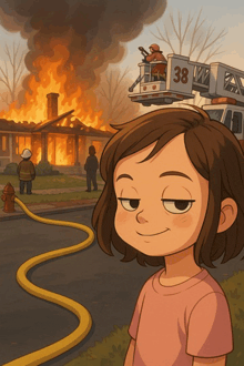 a girl stands in front of a fire truck with the number 38 on the side