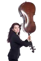 a woman in a black suit is holding a violin in front of her face