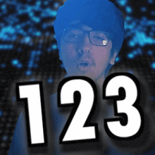 a picture of a man with glasses and the number 123 behind him