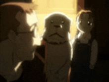 a man and a girl are standing next to a dog in a dark room .