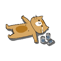 a cartoon cat is laying on its back with a bottle of water and a can of soda