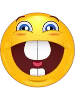 a cartoon smiley face with a big smile and a missing tooth