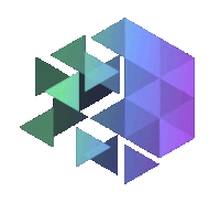 a blue and purple cube made of green and purple triangles