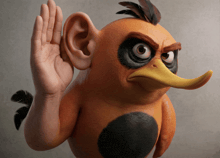 a cartoon bird has a large ear and a hand behind it