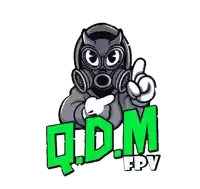 a logo for qim fpv has a cartoon character wearing a gas mask