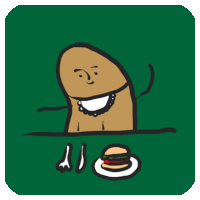 a cartoon drawing of a potato sitting at a table