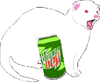 a white cat is holding a can of mountain dew