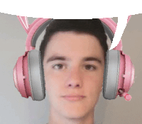 a man wearing a pair of pink headphones with a speech bubble coming out of them