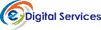 a logo for e digital services with a blue and orange swirl .