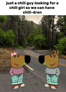 two cartoon characters are standing next to each other on the side of a road