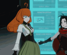 two anime characters standing in front of a screen that says " status open "