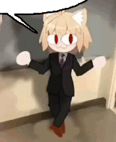 a cat in a suit and tie is standing in a hallway .