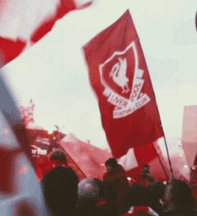 a liverpool football club flag flies in the wind