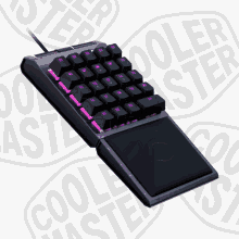 a cooler master keyboard with purple keys on a white background