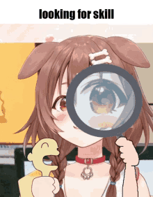 a girl looking through a magnifying glass with the words " looking for skill " below her