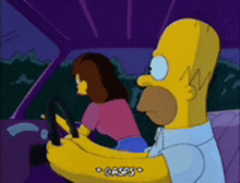 homer simpson is driving a car with a woman sitting in the back seat