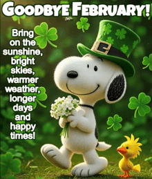 a picture of snoopy and woodstock with the words goodbye february on the bottom