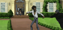 a cartoon character is dancing in front of a house while a man in a hat watches .