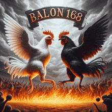 a painting of two roosters standing next to each other with the word balon 168 above them