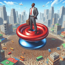 a man in a suit and tie is standing on top of a red and blue object in a city