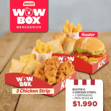 an advertisement for wow box menugenios shows a chicken strip and a ruster o chicken strip