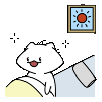 a cartoon of a cat laying on a bed with a picture of the sun above it