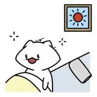 a cartoon of a cat laying on a bed with a picture of the sun above it