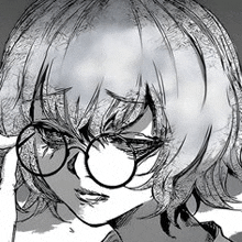 a black and white drawing of a girl wearing glasses and covering her eyes .