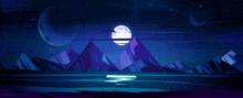 a full moon shines over a lake with mountains in the foreground