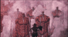 a woman stands in front of a huge army of red monsters