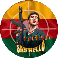 a man holding a gun in front of a target with the words say hello