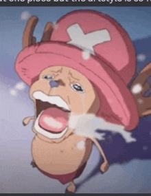 a close up of a cartoon character wearing a pink hat with a cross on it