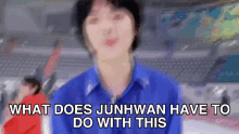 a blurry picture of a person with the words `` what does junhwan have to do with this '' written above them .