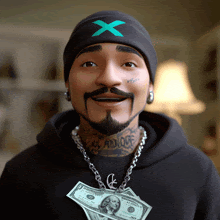 a man wearing a beanie with a x on it