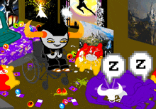 a cartoon character in a wheelchair is surrounded by a bunch of stuffed animals and a sign that says z