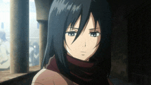 a girl with black hair and a scarf around her neck looks at the camera