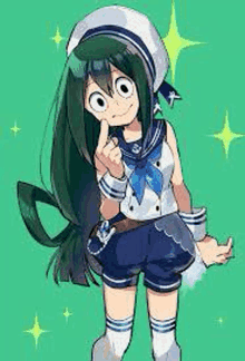 a girl with long hair is wearing a sailor outfit and giving a thumbs up .