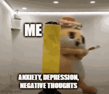 a stuffed animal is standing next to a yellow pole that says me anxiety depression negative thoughts .