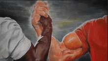 a painting of two men arm wrestling with one wearing a white shirt and the other wearing a red shirt