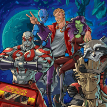 an illustration of guardians of the galaxy with a cassette tape