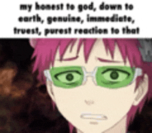 a cartoon character with pink hair and green glasses is wearing a meme about god .