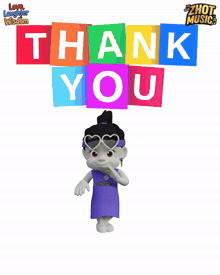 a colorful thank you sign with a cartoon character