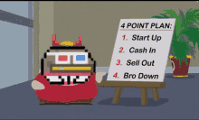 a cartoon character is standing next to a 4 point plan