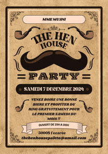 a poster for a party at the hen house on december 7th